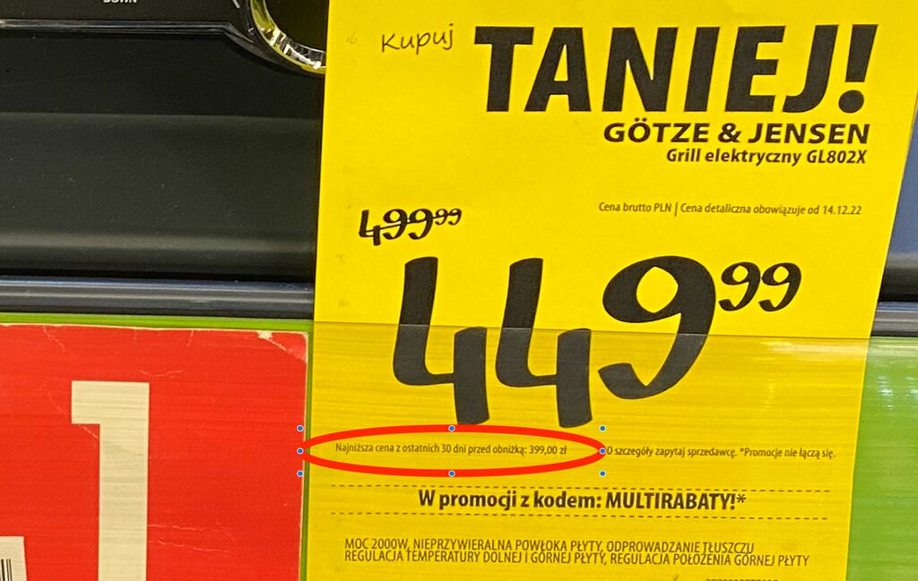 Przykładowa oferta cenowa z wyższą ceną po obniżce niż przed jej zastosowaniem, źródło: koscierzyna24.info/